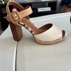 Elegant Cream and White Block Heel Sandals